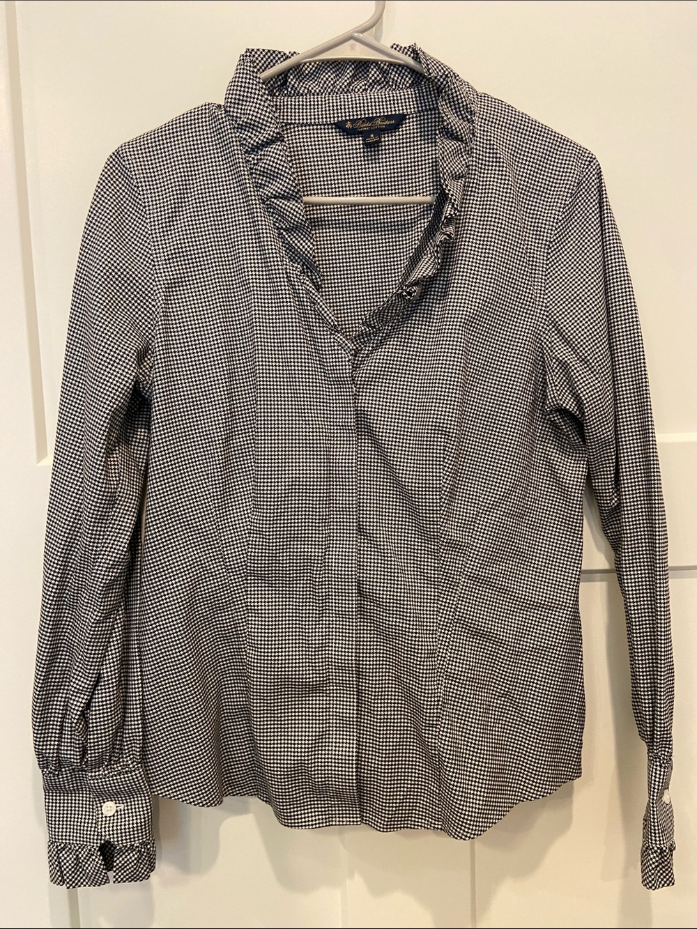 Sz8 Brooks Brothers Black & White Houndstooth Gingham  Button-Up Shirt ruffled